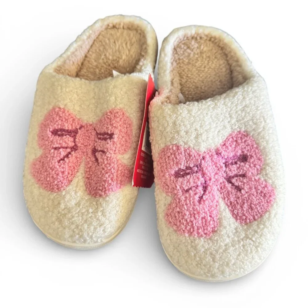 Ashland Girls Plush Slippers Pink Bow Cream Sherpa House Shoes Size: 3  NEW